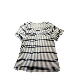 Notations Women’s XL Striped Plaid Bar Neck Top Short Sleeve Stretch Blouse